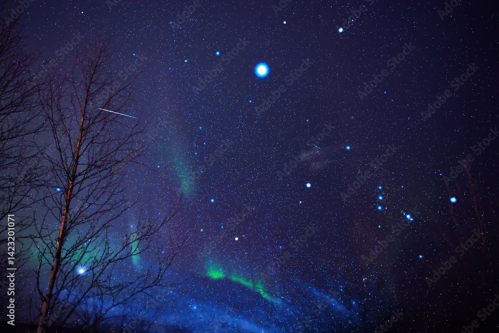 Aurora borealis, polar lights with Milky Way stars.
