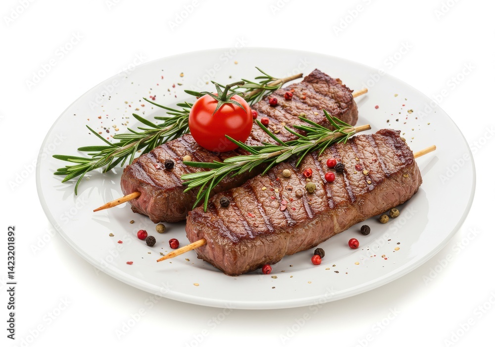 Grilled steak skewers on a white plate with rosemary and a tomato against a white background scene Grilled steak skewers on a white plate with rosemary and a tomato against a white background scene