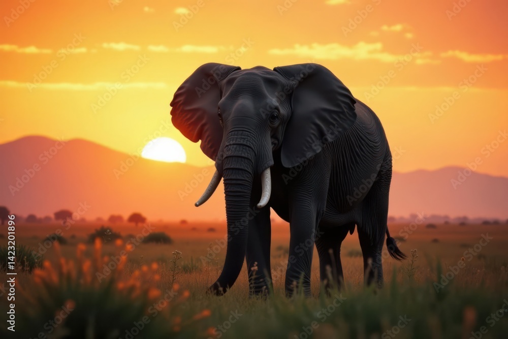 Fototapeta premium Grey elephant stands alone in misty savannah at dusk, nature, safari