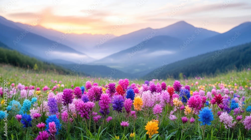 Obraz premium Vibrant wildflowers bloom in a green mountain meadow at sunrise with misty valleys in the background.