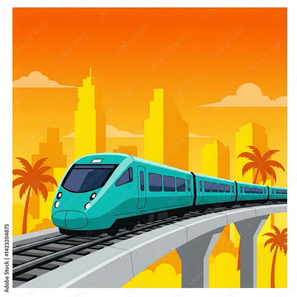 Fototapeta premium Modern train cityscape illustration with palm trees