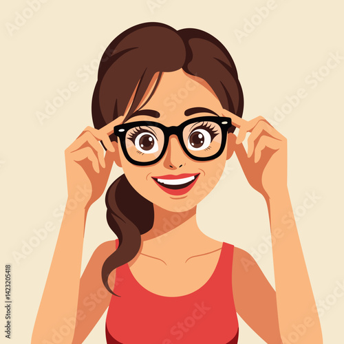 Cheerful woman adjusting glasses with a smiling expression