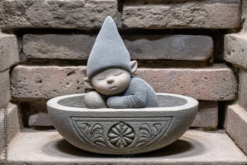 Mummy gnome resting in a mini ancient sarcophagus