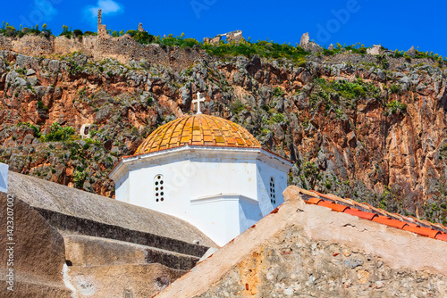 Monemvasia houses and church in Peloponnese, Greece