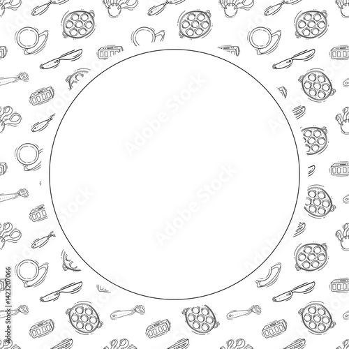 kitchen utensil frame. doodle kitchenware circle frame. kitchen background