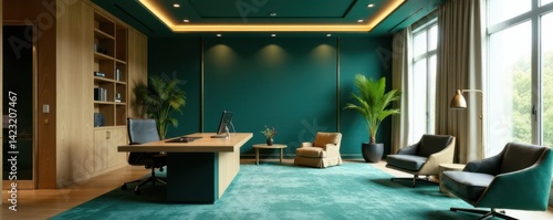 Elegant corporate office with gold and dark teal accents, Business Environment, Luxury Office Furniture