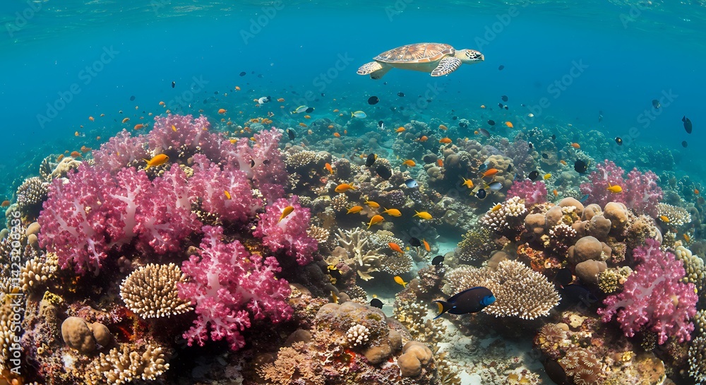 Naklejka premium Sea Turtle Swims Above Coral Reef with Colorful Fish and Soft Coral