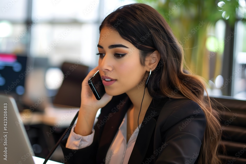 Professional woman on a mobile call with focus and in business attire, amidst a modern workspace. Connection and productivity. Professional woman on a mobile call with focus and in business attire, amidst a modern workspace. Connection and productivity.