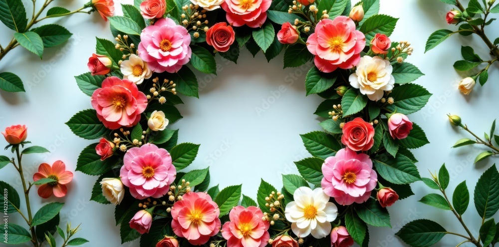 Floral wreath with lush greenery and flowers surrounding a large floral wreath centerpiece, garden, greenery Floral wreath with lush greenery and flowers surrounding a large floral wreath centerpiece, garden, greenery