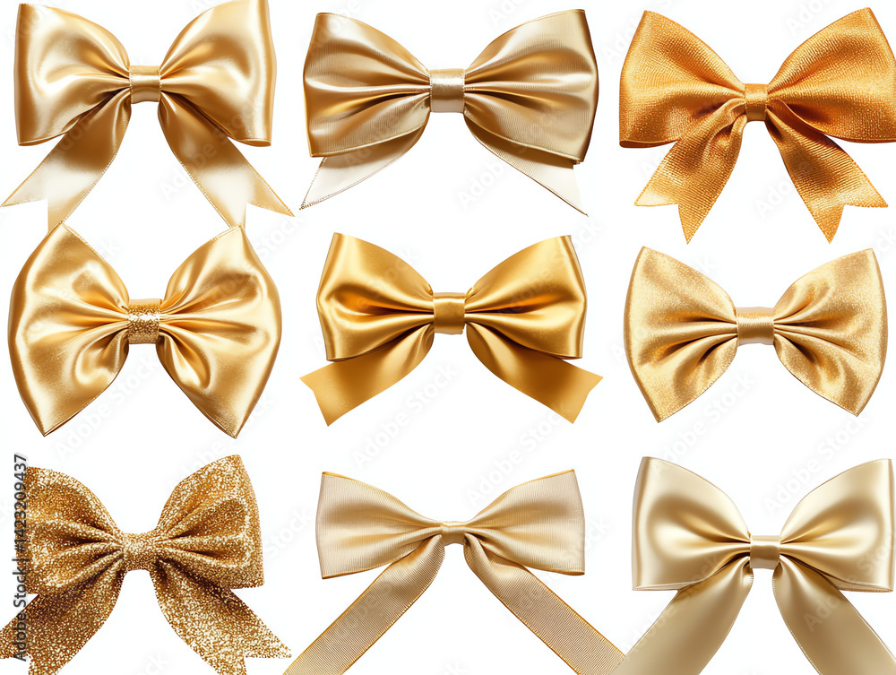Twelve gorgeous gold satin and glitter bows perfect for gift wrapping or adding a touch of luxury to your projects. Use for cards, presents, and more. Twelve gorgeous gold satin and glitter bows perfect for gift wrapping or adding a touch of luxury to your projects. Use for cards, presents, and more.