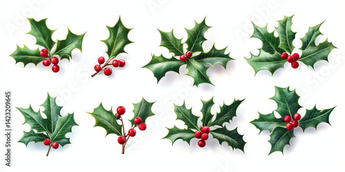Vibrant red holly berries and green leaves arranged in various festive compositions Perfect for holiday cards and decorations