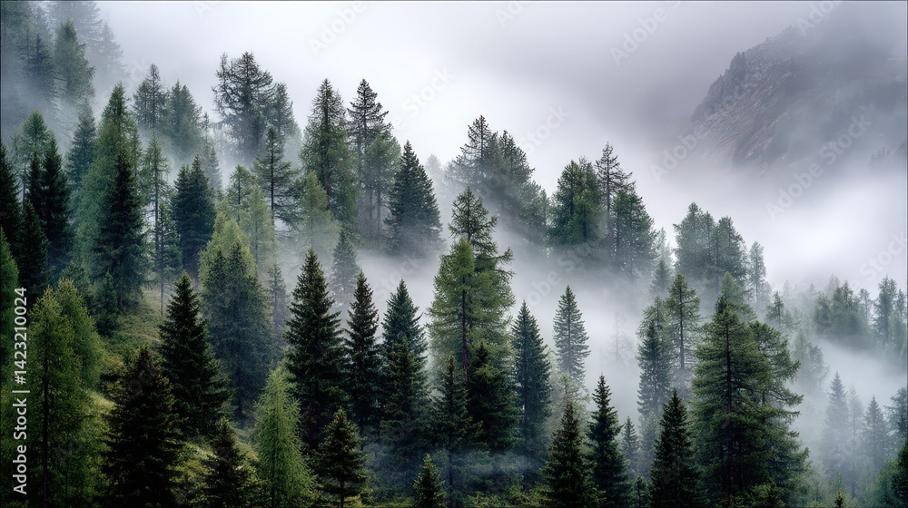 Misty Mountain Forest Landscape Majestic Evergreen Trees Enveloped in Fog Misty Mountain Forest Landscape Majestic Evergreen Trees Enveloped in Fog