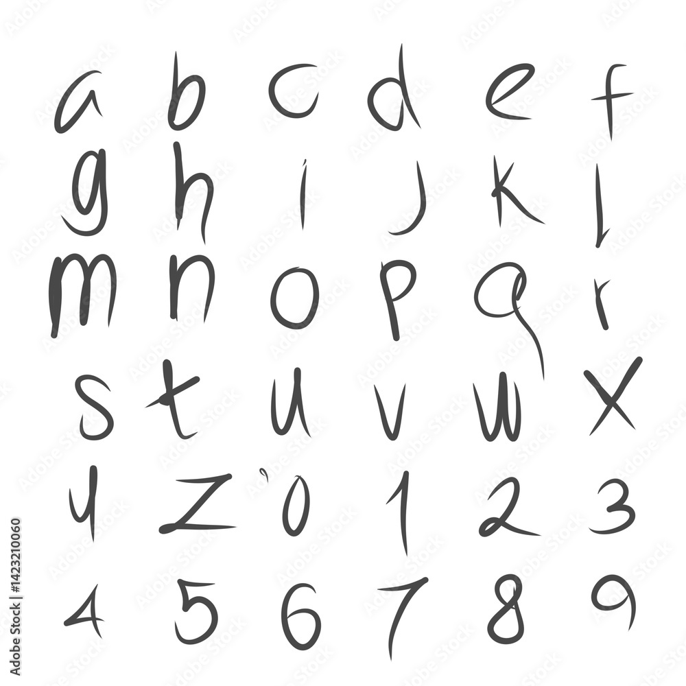 illustration of writing letters of the alphabet a to z and numbers in a free doodle style without a background illustration of writing letters of the alphabet a to z and numbers in a free doodle style without a background