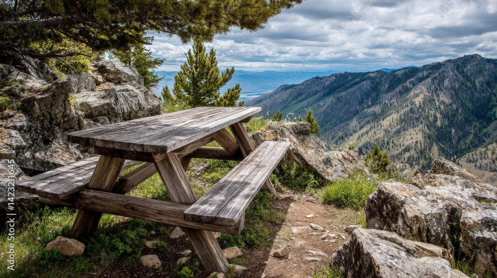 Scenic Mountaintop Picnic Table with Stunning View Wooden Table and Bench Overlooking Majestic Landscape Scenic Mountaintop Picnic Table with Stunning View Wooden Table and Bench Overlooking Majestic Landscape