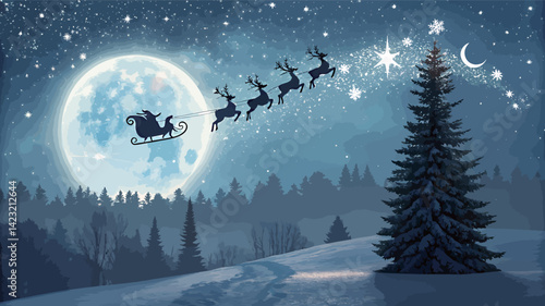 Magical winter scene with Santa's sleigh and reindeer under a starry night sky.