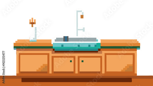 Stylish pixel art kitchen sink with wooden cabinets