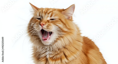 Close-up of a Ginger Cat Mid Sneeze or Yawn with Mouth Wide Open Revealing Teeth and Tongue Isolated on a White Background in Clear Lighting