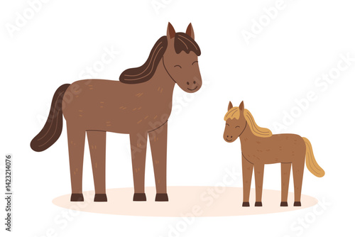 Horse and foal cliparts isolated on white background. Farming, animals, livestock concept. Vector flat illustration.