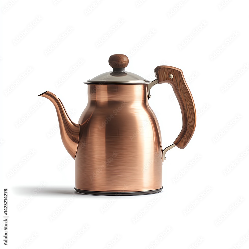 Fototapeta premium Elegant Copper Kettle with Wooden Handle, Gleaming Finish, Perfect for Warm Beverages