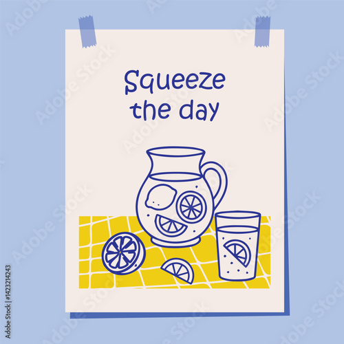 Cheerful hand drawn poster with a pitcher and glass of lemonade on a yellow checkered tablecloth and the phrase Squeeze the day. Perfect for summer decor, kitchen prints, or positive vibes. Vector