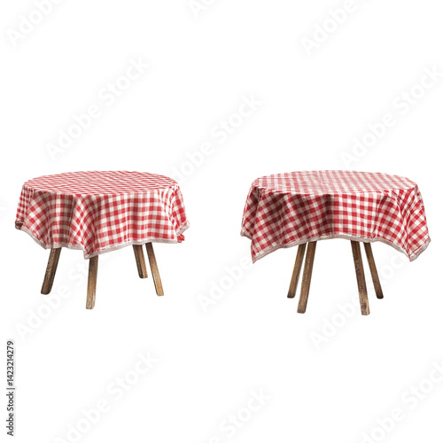 pair of round tables with red and white checkered tablecloths, perfect for outdoor dining
