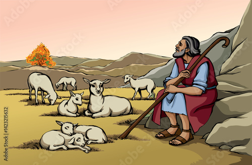 Vector drawing. Shepherd with sheep. Moses look at flaming bush