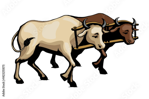 Vector drawing. Old wooden yoke on the cow