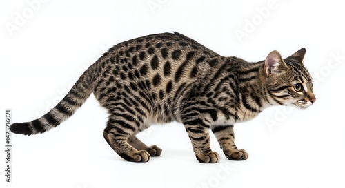 Detailed Studio Shot of Black Footed Cat with Black Stripes and Spots on White Background Crouching Low Captured in Sharp Focus Ideal for Educational and Decoration Use