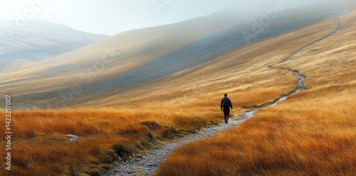 Lone hiker trekking scenic mountain path golden grasses autumn day Perfect for travel adventure and nature themes