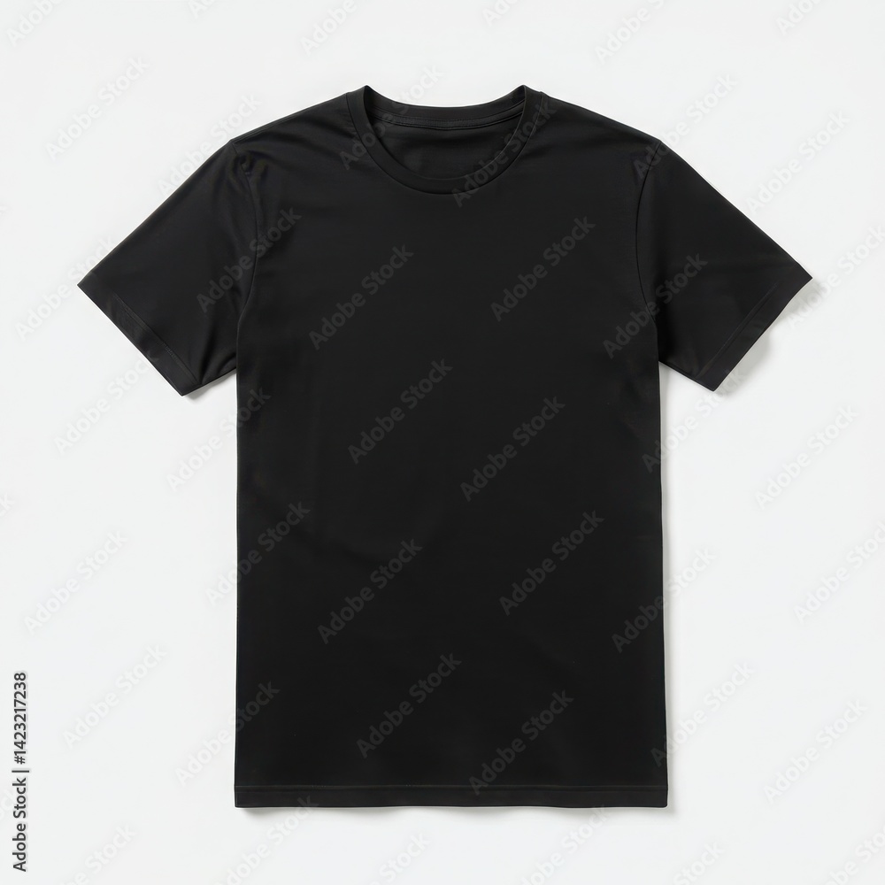 A simple black t shirt with short sleeves lying flat on a white surface in a studio setting A simple black t shirt with short sleeves lying flat on a white surface in a studio setting