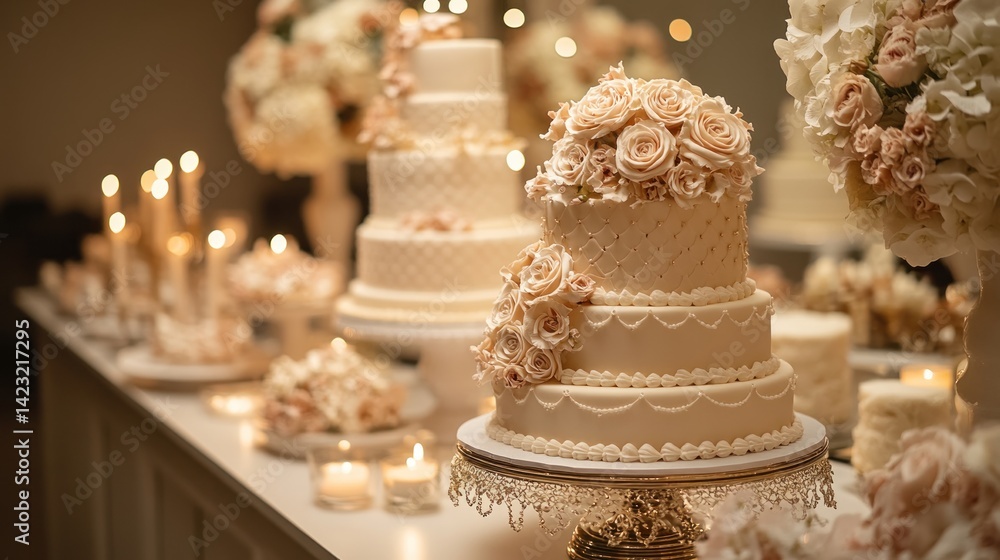 Elegant Wedding Cake Display with Candles and Flowers Elegant Wedding Cake Display with Candles and Flowers