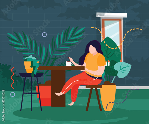 Illustration design of a woman sitting while drinking coffee near the house, with a green wall background