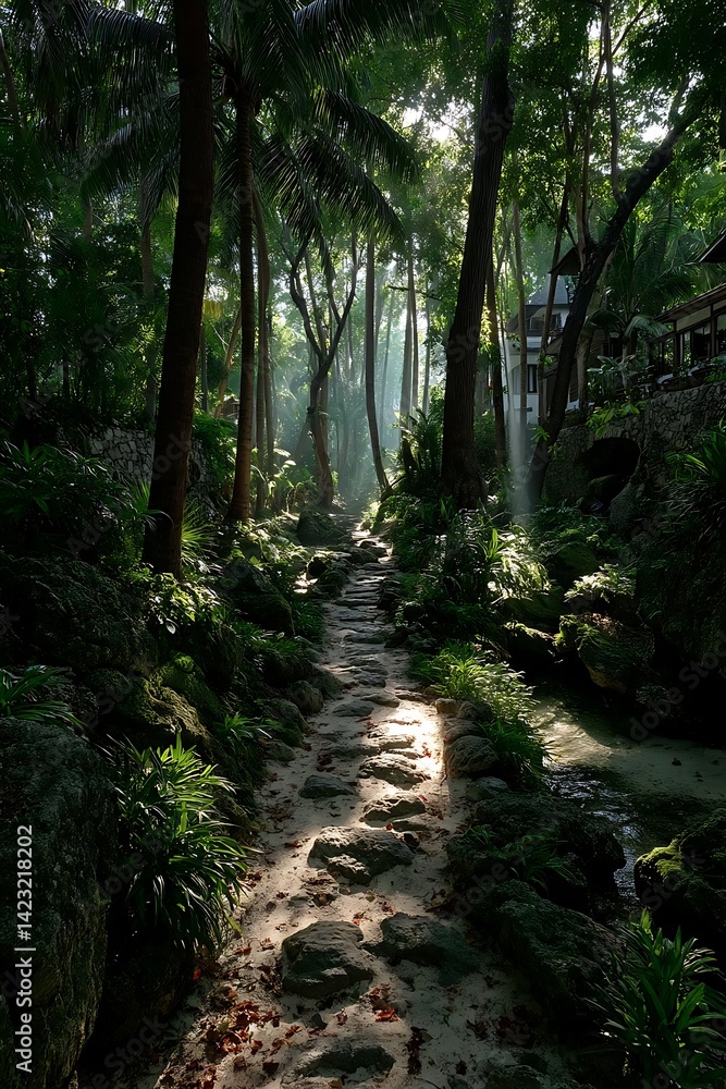 Sunlit Path Through Tropical Garden