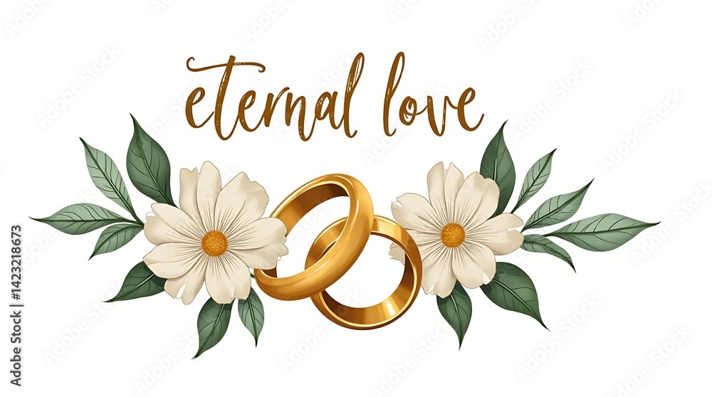 Obraz premium A detailed composition of two intertwined gold wedding rings surrounded by delicate white flowers and fresh green leaves, symbolizing love, unity, and natural elegance.