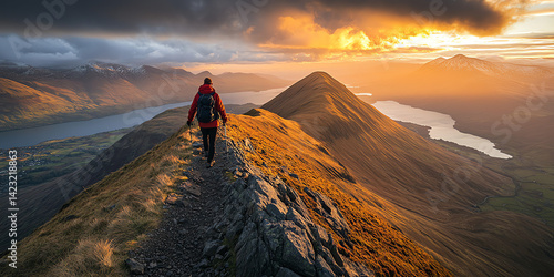 Foto Lone hiker walks a scenic mountain ridge at sunset enjoying breathtaking views of lakes and valleys