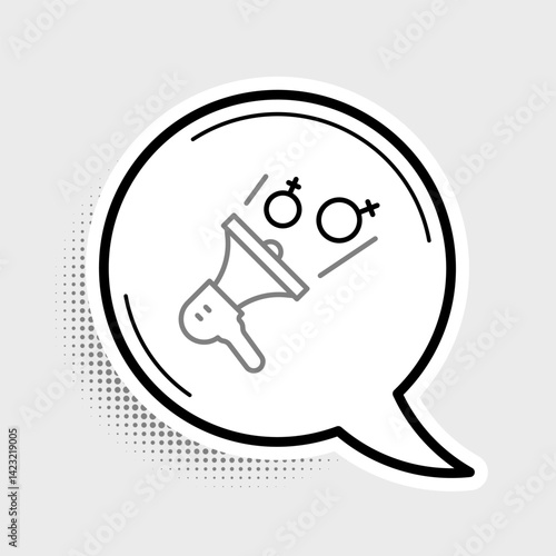 Line Female movement, feminist activist with banner and placards icon isolated on grey background. Feminist rights movement, feminism sisterhood. Colorful outline concept. Vector