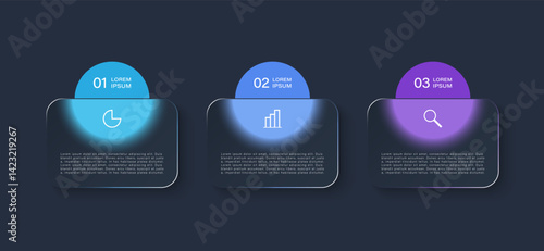 Glass morph inforgraphic design template with 3 steps or options and icons