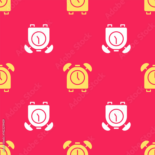 Yellow Alarm clock icon isolated seamless pattern on red background. Wake up, get up concept. Time sign. Vector