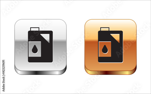 Black Canister for motor machine oil icon isolated on white background. Oil gallon. Oil change service and repair. Engine oil sign. Silver and gold square buttons. Vector