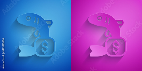 Paper cut Price tag for fish icon isolated on blue and purple background. Paper art style. Vector