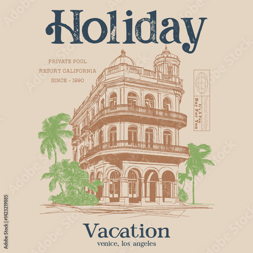 Tropical house, A retro vintage Royal palace hand sketch artwork for t-shirt, girls women's kids use this print, California 1990, Haven house with date palm tree artwork. hand sketch artwork