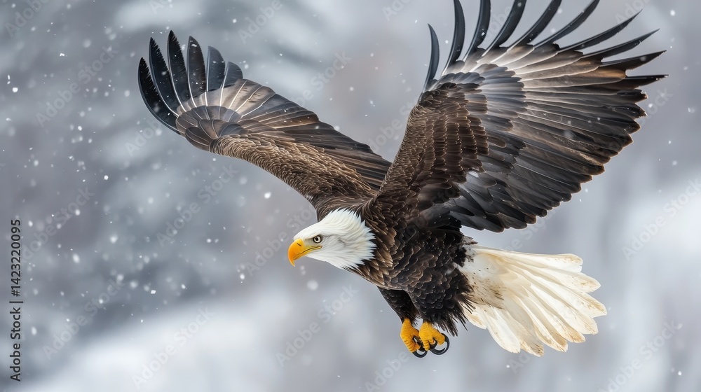 Fototapeta premium Bald eagle soars through a snowy landscape during winter, showcasing its powerful wings and keen hunting instincts