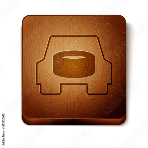 Brown Spare wheel in the car icon isolated on white background. Process of replacing the wheel. Storage location of the spare wheel in the trunk. Wooden square button. Vector