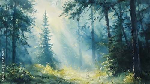 Pine forest with sunbeams through trees, misty air