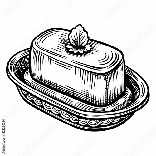 Hand Drawn Butter Dish with Leaf Design Vintage Kitchen Illustration