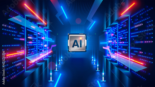 Processor with integration AI. AI Letters on chip. CPU connected to data storage. Artificial intelligence technology in electronic chip. Data processing by artificial intelligence chip. AI hardware.