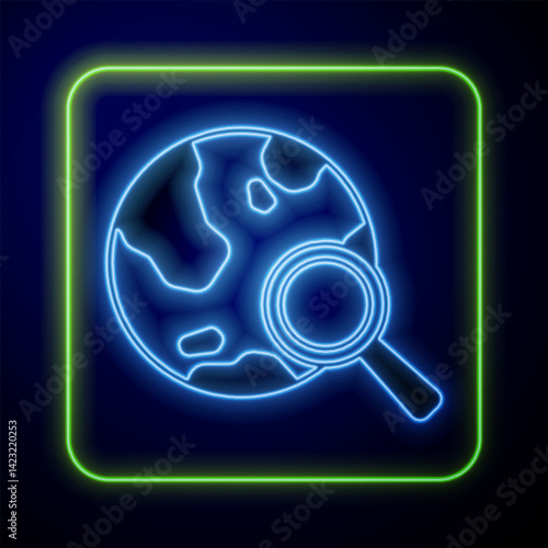 Glowing neon Magnifying glass with globe icon isolated on blue background. Analyzing the world. Global search sign. Vector