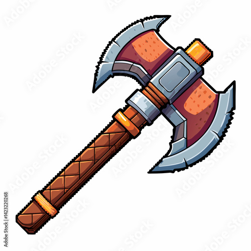 Double Bladed Battle Axe with Wooden Handle  Illustration