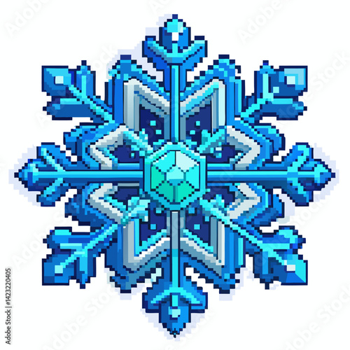 Pixel Art Winter Snowflake Retro Blue Geometric Design