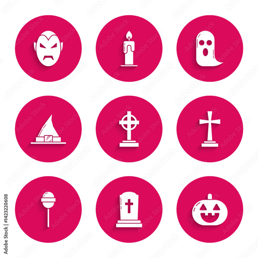 Set Tombstone with cross, Pumpkin, Lollipop, Witch hat, Ghost and Vampire icon. Vector Set Tombstone with cross, Pumpkin, Lollipop, Witch hat, Ghost and Vampire icon. Vector